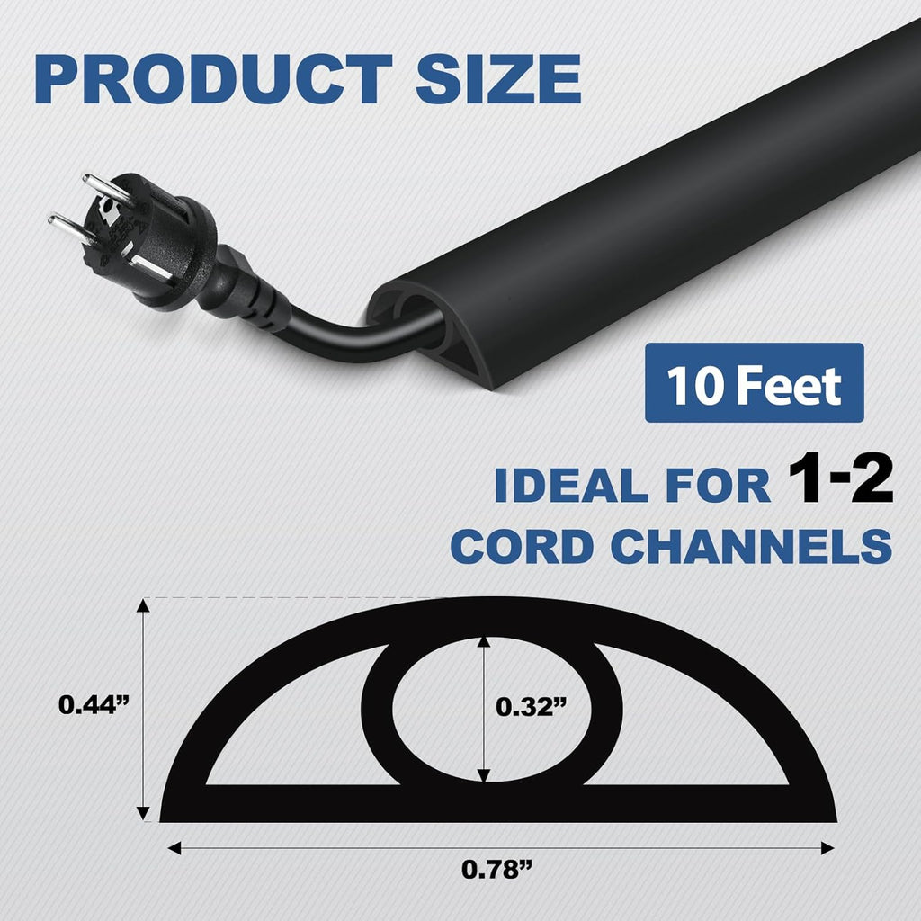 Floor Cord Cover for Wires on Floor Self Adhesive Cord Hider Floor Cable Management Wire Covers for Cords Protector Prevent Cable Trips Cord Cavity W 0.32" x H 0.32", Black, 10Ft