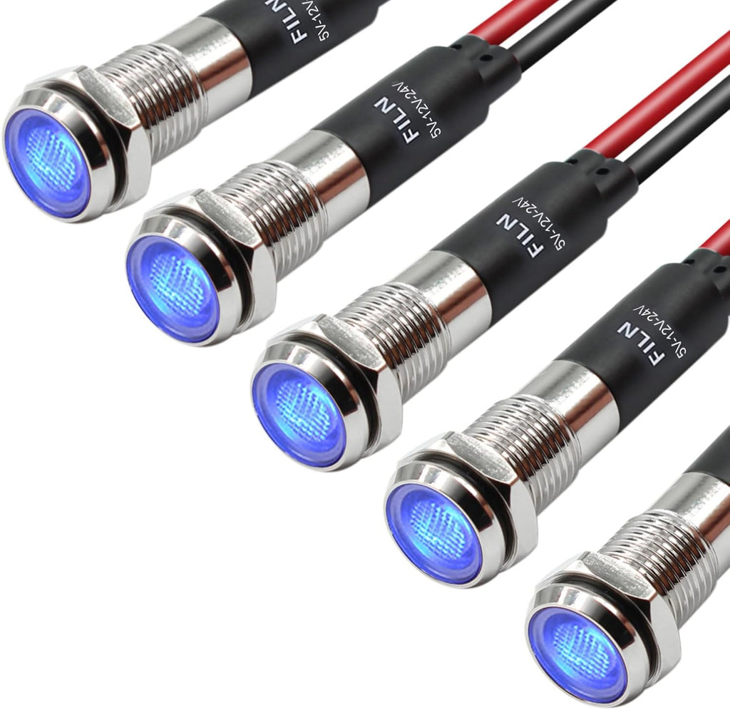 5Pcs 8MM (5/16'') Indicator Light led Indicator 12v 24v Metal Pilot Lamp Lights Aluminum Black Anodized Waterproof ip67 Red Signal Lamp Light(12V-Brass Nickel Plated-Blue 5Pcs)