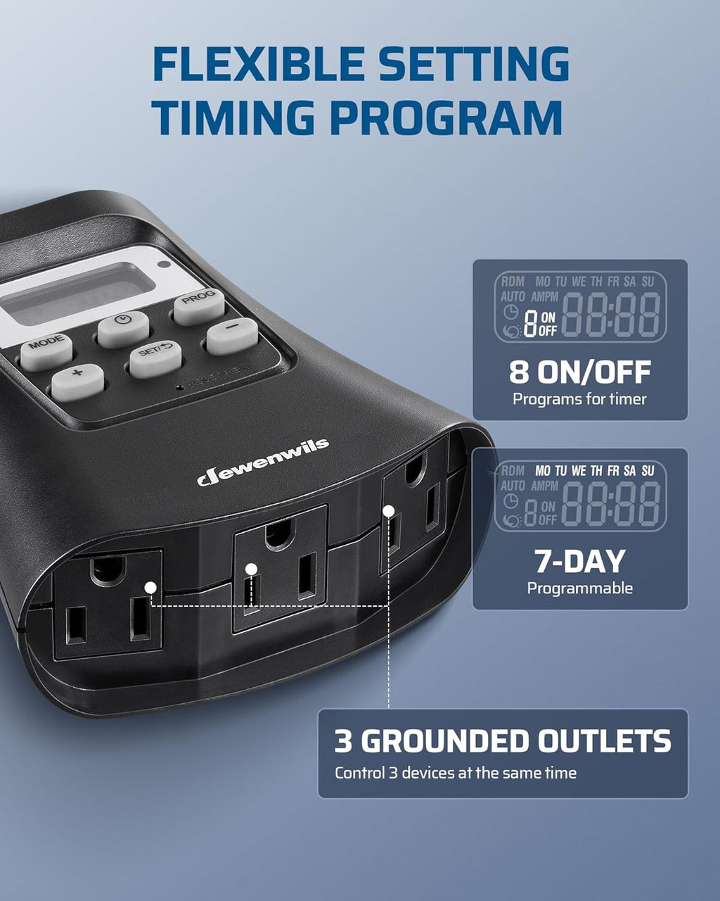 DEWENWILS Outdoor Digital Timer for Lights, 7-Day Programmable Plug in Timer with 3 Grounded Outlets for Christmas Landscape String Light, 15A, 1/3 HP UL Listed