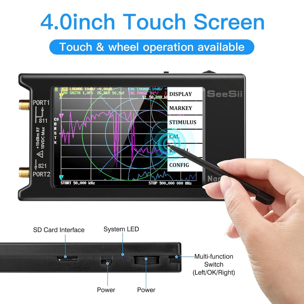 SEESII NanoVNA-H4 Vector Network Analyzer with 32GB Card, Latest V4.4 9KHz-1.5GHz HF VHF UHF 4" Touch Screen Nano Vna h4 Antenna Analyzer Measures Voltage Standing Wave Ratio, Phase,Delay,Smith Chart