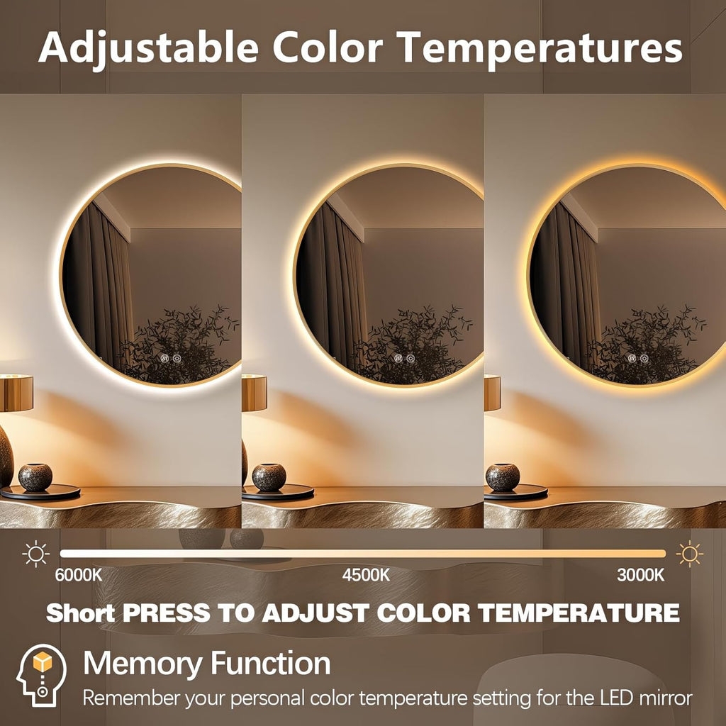 Niccy Round Led Mirror for Bathroom, 28" Backlit Mirror for Wall Circle Lighted Mirror with Gold Frame Anti-Fog, 3 Colors, HD Glass and IP65 Waterproof