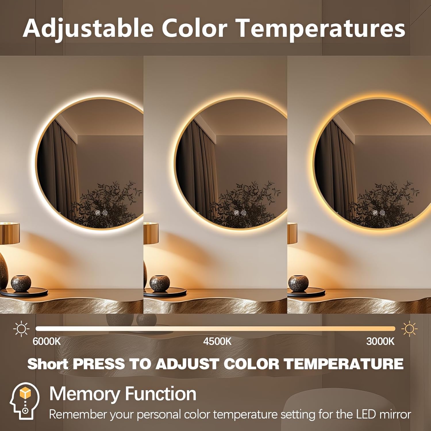 Niccy Round Led Mirror for Bathroom, 28" Backlit Mirror for Wall Circle Lighted Mirror with Gold Frame Anti-Fog, 3 Colors, HD Glass and IP65 Waterproof