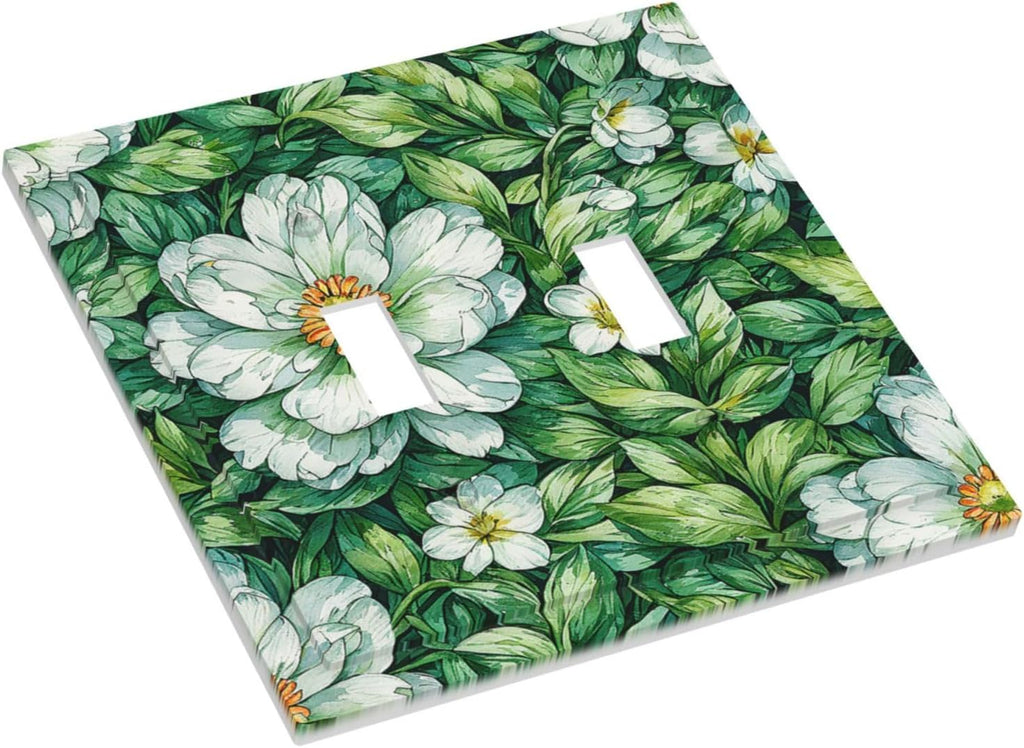 Vintage Floral White Flowers Green Plants Leaves Decorative Switch Plates 2 Gang Double Toggle Outlet Light Switch Cover Wall Plate Electrical Faceplate for Bedroom Bathroom Decor