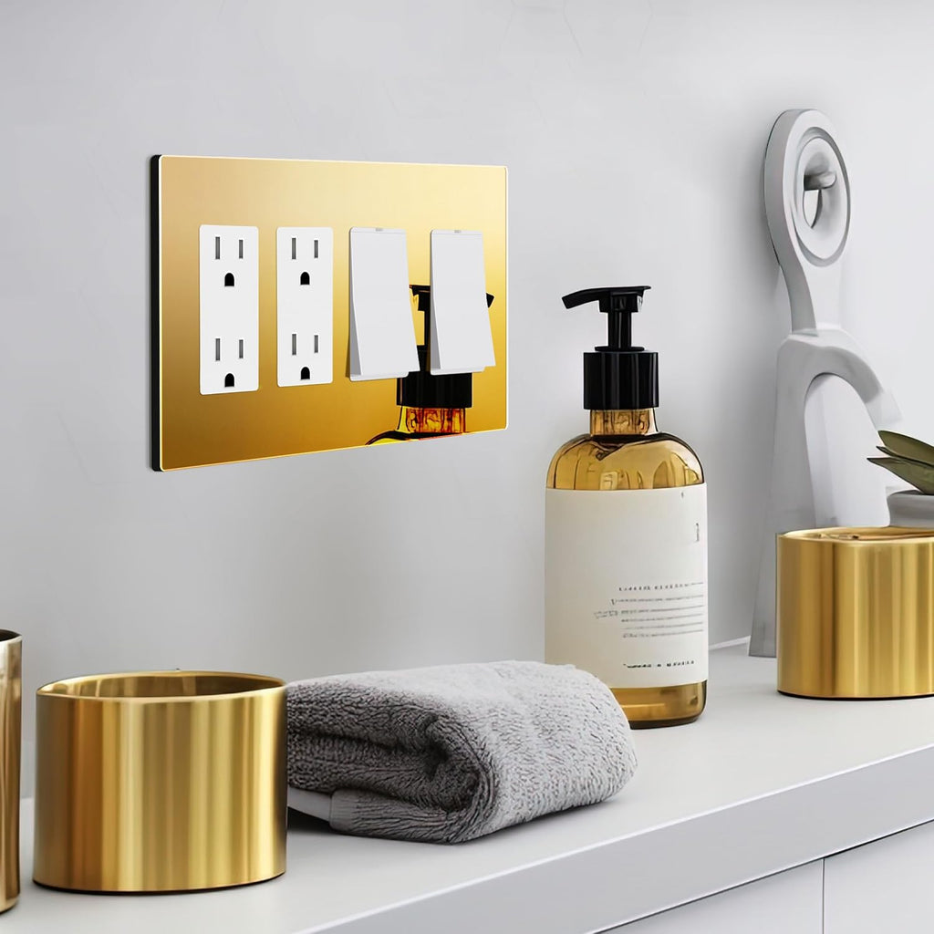 LIDER Quadruple Decorator Wall Plate, Impact Resistant, Mirrored Acrylic, Plexiglass, Reflective Finish Modern Upgrade Screwless Light Switch/Outlet Cover Mid-Size 4-Gang 4.88" x 8.58" Gold