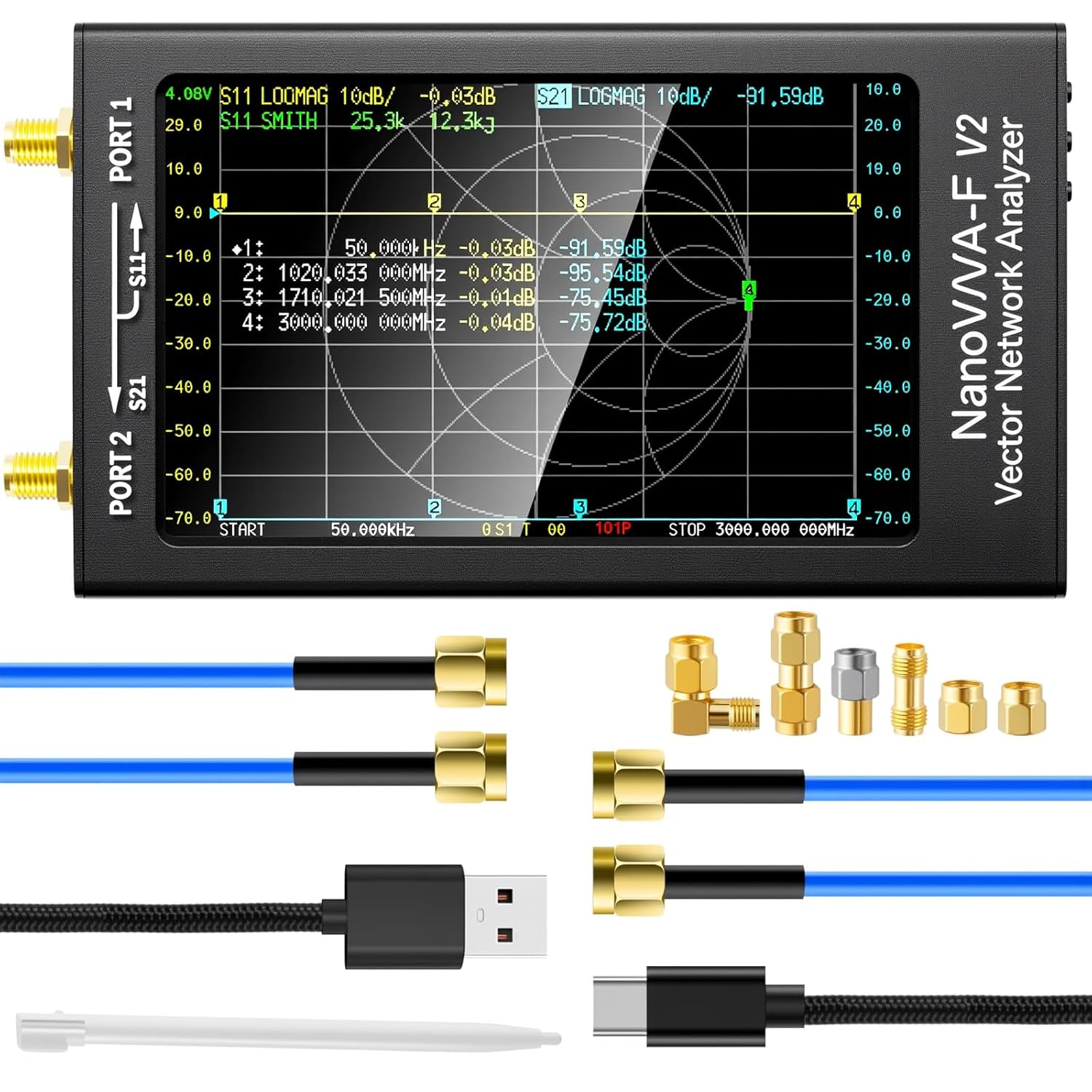 AURSINC Upgraded NanoVNA-F V2 Vector Network Analyzer 50KHz-3GHz HF VHF UHF VNA Antenna Analyzer, 4.3inch Touchscreen, 5000mAh Battery, Measuring S-Parameters, SWR, Phase Delay, Smith Chart