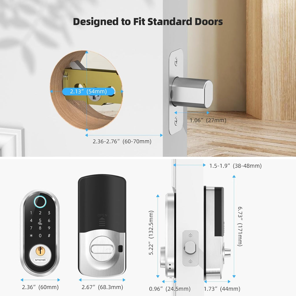 Smart Door Lock Keyless Deadbolt: SMONET Smart Locks for Front Door Fingerprint Keyless Entry Electronic Digital Bluetooth Key Fob Code APP Touch keypads Compatible with Alexa