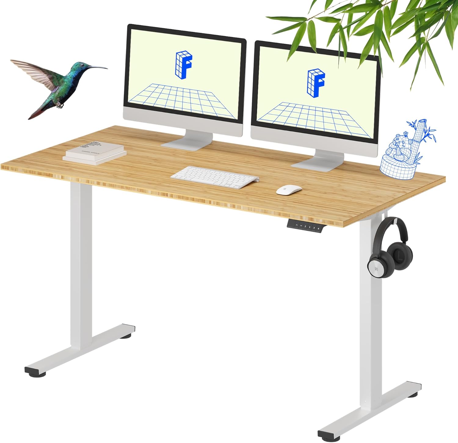 FLEXISPOT EN1 Bamboo Standing Desk, 55 x 28 Inches Whole-Piece Electric Adjustable Height Sit Stand Desk for Home Office (White Frame + Bamboo Top, 2 Packages)