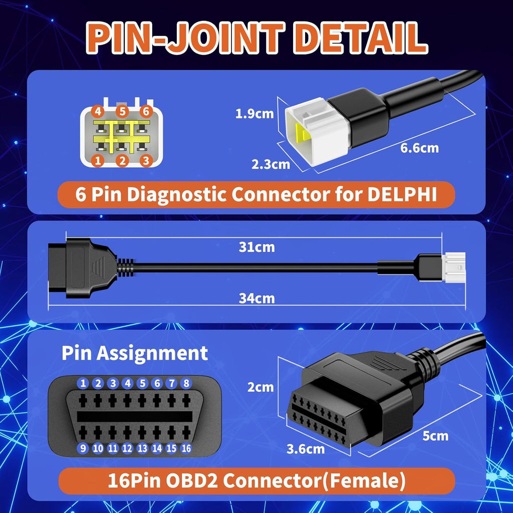 OBD2 Adapter Cable Fits for Delphi Motorcycles, 6Pin to 16Pin OBD2 Diagnostic Adapter Cable Works with All OBDII Scanner