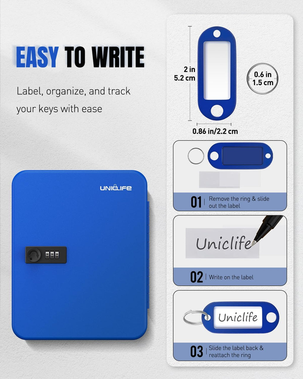 Uniclife 48 Keys Lock Box for Keys with Code, Wall Mount Key Lock Box with Code, Lockbox for Keys, Key Lockbox with Tags, Key Cabinet, Key Storage Box for Home Office & Company, Blue