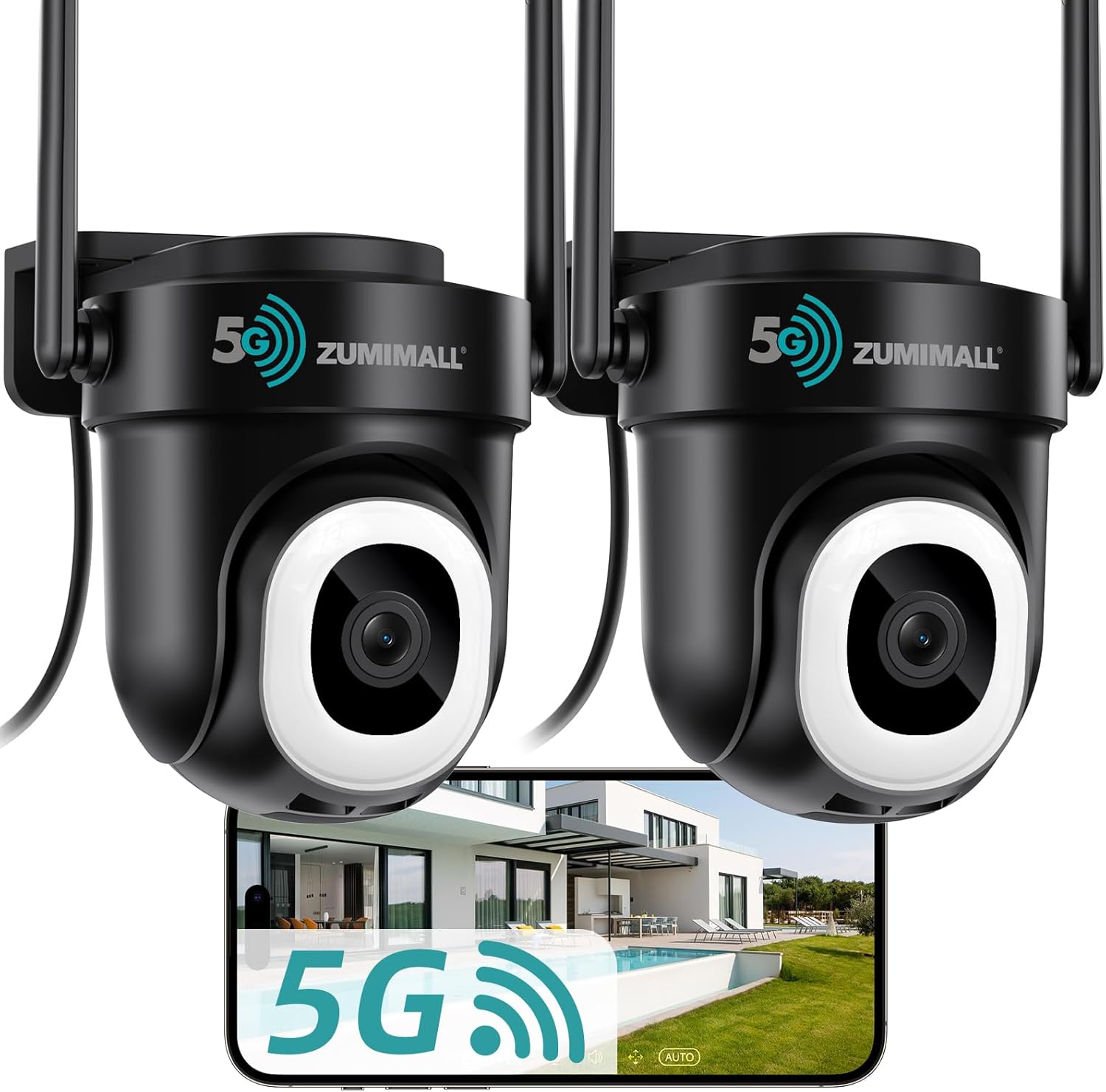ZUMIMALL Cameras for Home Security 2-Pack (Black) - 2.4G/5G WiFi, Wired Camera for 24/7 Recording | Motion & Noise Detection, Auto Tracking, Cloud & No-Monthly-Fee SD Storage | Works with Alexa Google
