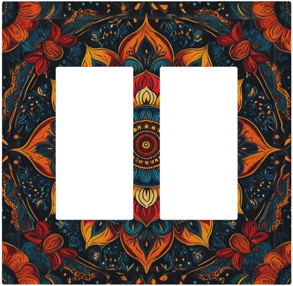 Boho Colorful Mandala Outlet Covers Light Switch Cover Plate 2 Gang Double Rocker Wall Plates Decorative Switch Plates Plug Cover Electrical GFCI Receptacle Cover for Home 4.9 X 5 IN
