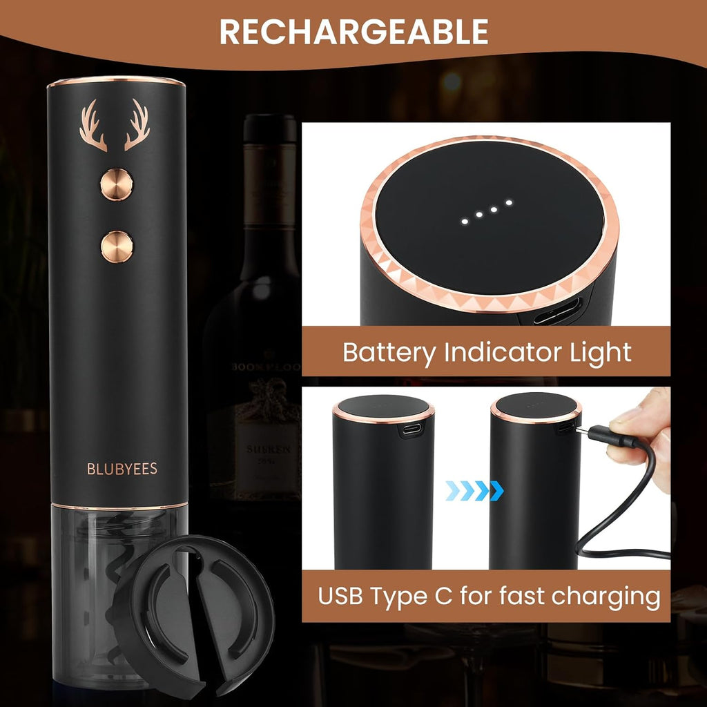 4-in-1 Rechargeable Electric Wine Opener Set - Automatic Corkscrew, Foil Cutter, Aerator Pourer, Vacuum Stopper - Wine Lovers Gifts for Women and Men