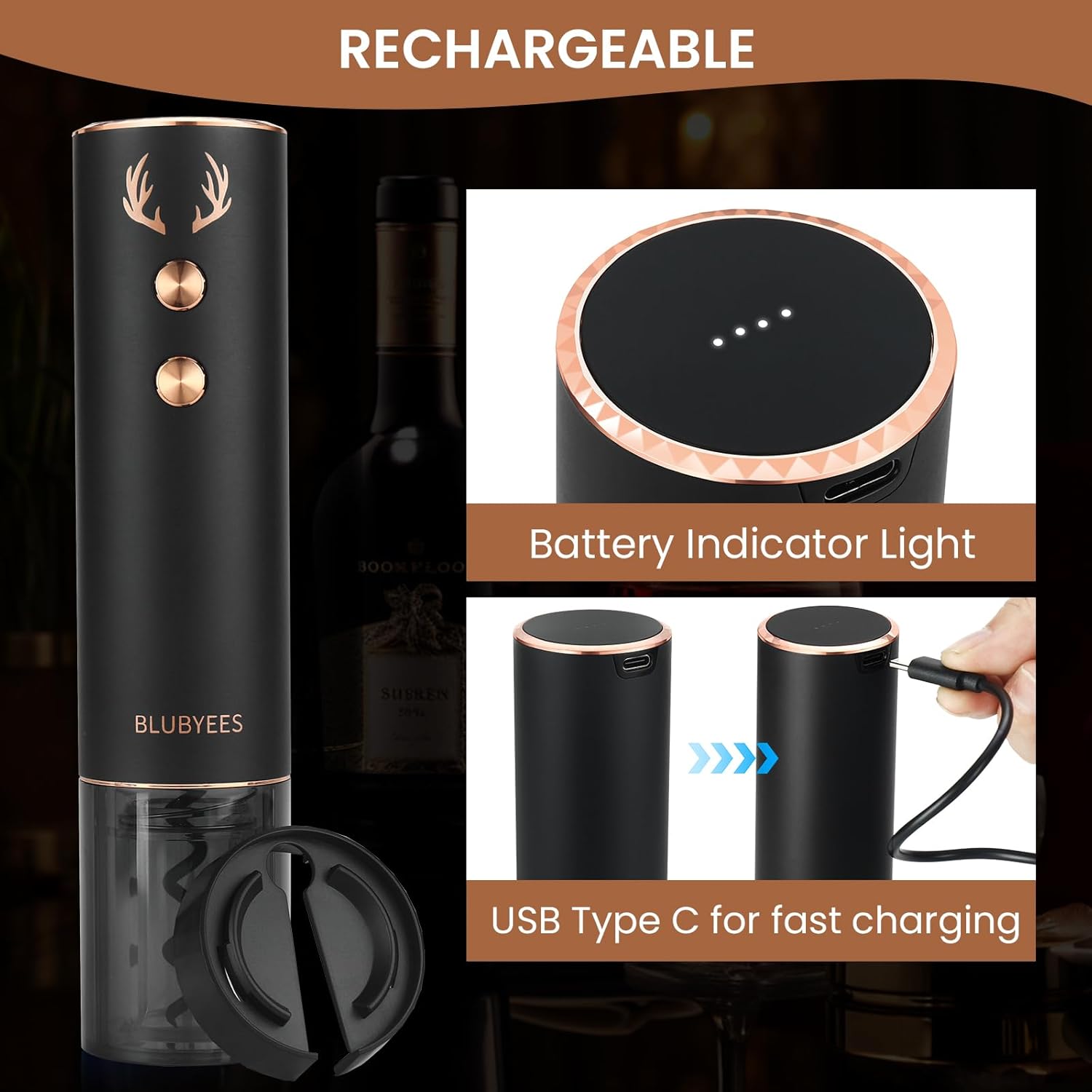 4-in-1 Rechargeable Electric Wine Opener Set - Automatic Corkscrew, Foil Cutter, Aerator Pourer, Vacuum Stopper - Wine Lovers Gifts for Women and Men