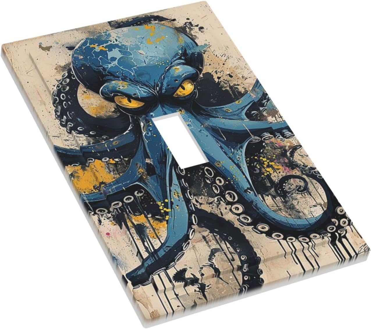 Decorative Light Switch Cover Nautical Vintage Blue Octopus Yellow Eyes Oil Watercolor 1 Gang Single Toggle Device Electrical Faceplate Switchplates Decorator Outlet Wall Plate for Kids room