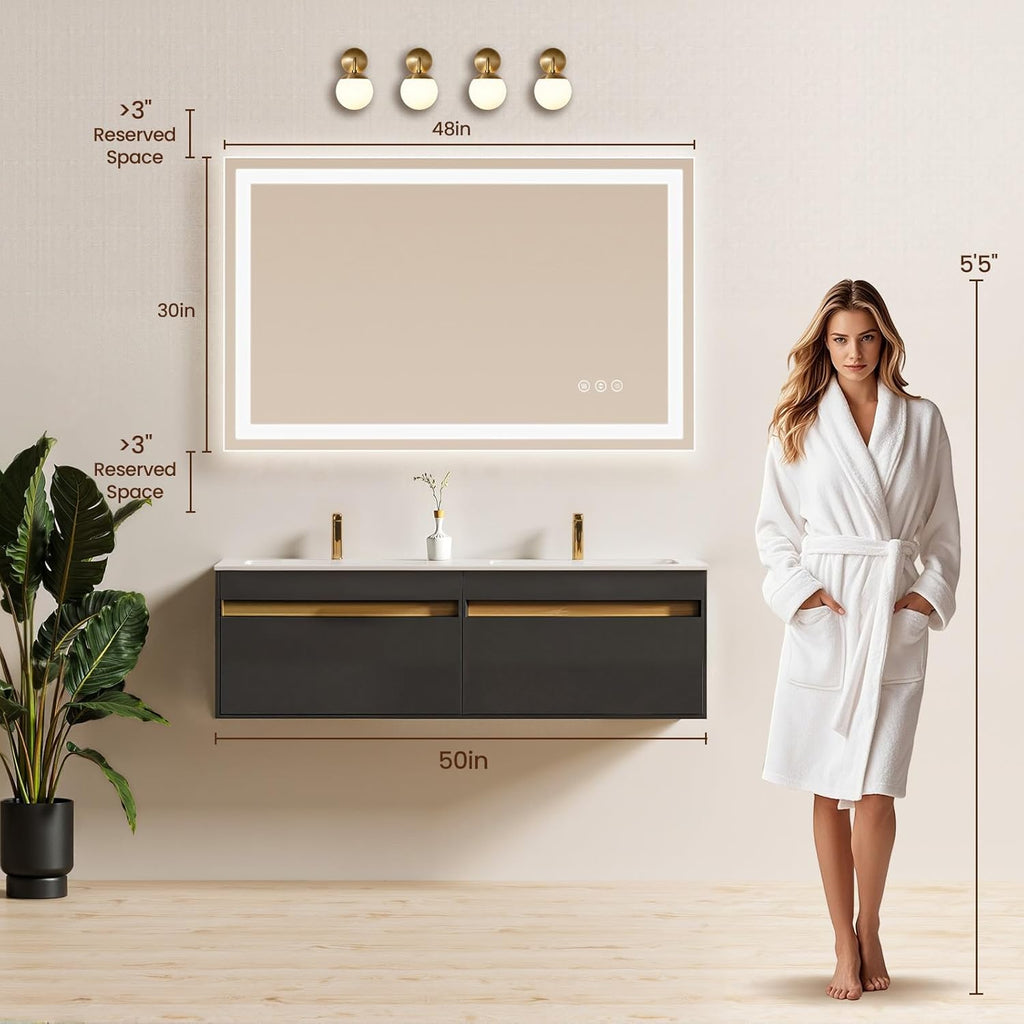 48X30 LED Bathroom Mirror with Lights, Anti-Fog, Backlit + Front Lit, Lighted Bathroom Vanity Mirror for Wall, Memory Function, Dimmable, Tempered Glass, Shatter-Proof