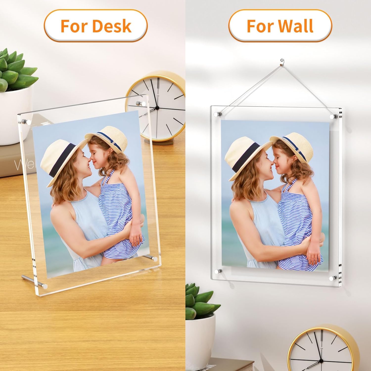 AITEE 8x10 Acrylic Picture Frames 2 Pack, Clear Desk Picture Frames with Stand, Modern Frameless Floating Frames Lucite Transparent Square Cubes Frame for Wall & Desktop Display Gift for Home Office