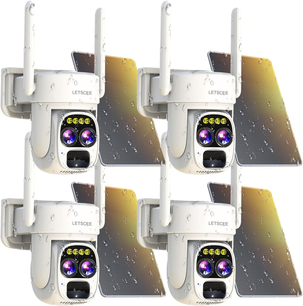 Security Cameras Wirelss Outdoor Solar Powered for Home Security, 360 View Outside Camera,Motion Detection,10x Hybrid Zoom PAN Tile,IP-65 Weather Proof (4 Pack)
