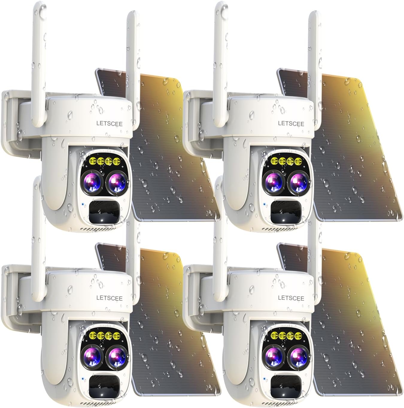 Security Cameras Wirelss Outdoor Solar Powered for Home Security, 360 View Outside Camera,Motion Detection,10x Hybrid Zoom PAN Tile,IP-65 Weather Proof (4 Pack)