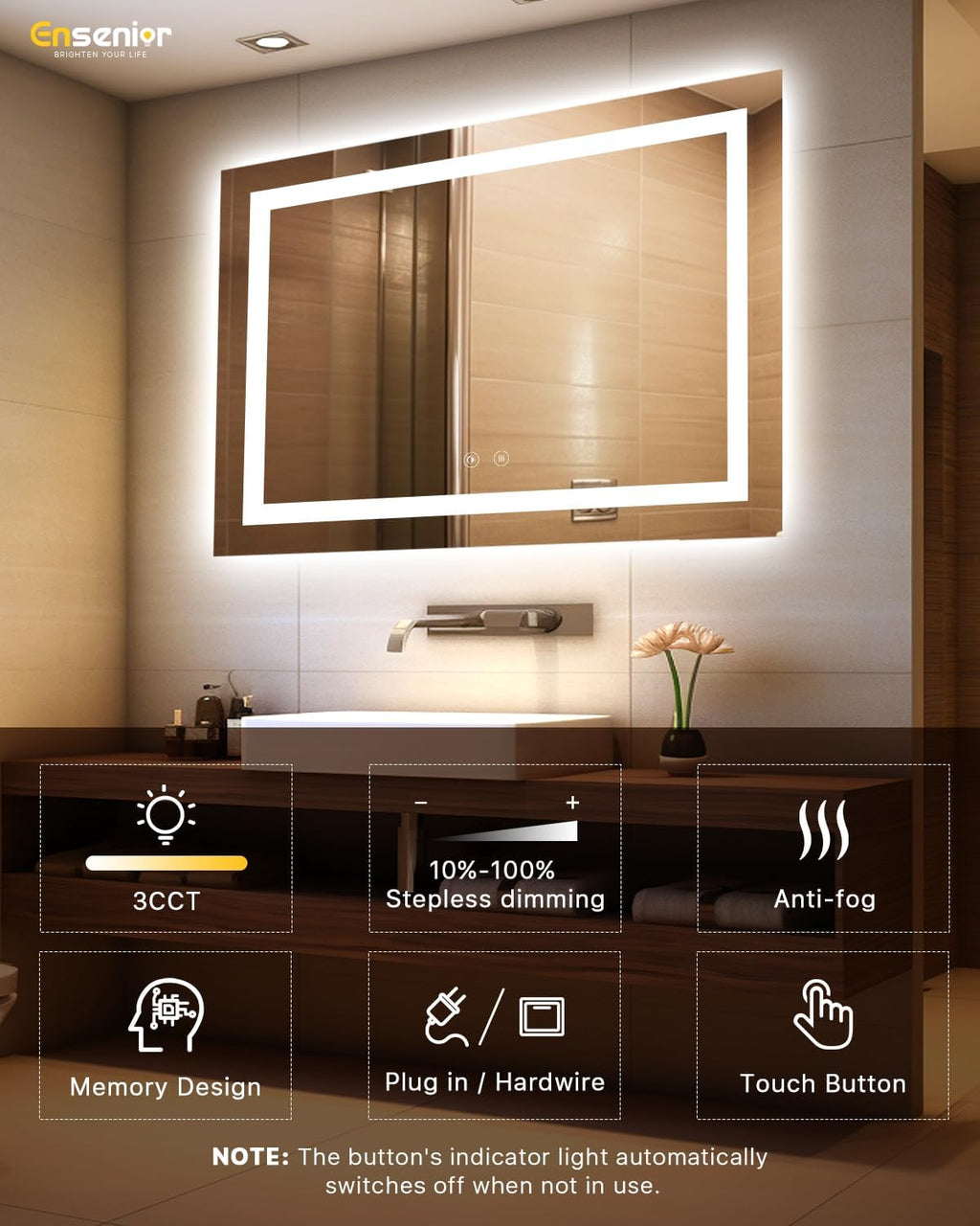 Ensenior LED Bathroom Mirror 60"x 40" with Front and Backlight, Stepless Dimmable Wall Mirrors with Anti-Fog, Shatter-Proof, Memory, 3 Colors, Modern LED Vanity Mirror- FCC