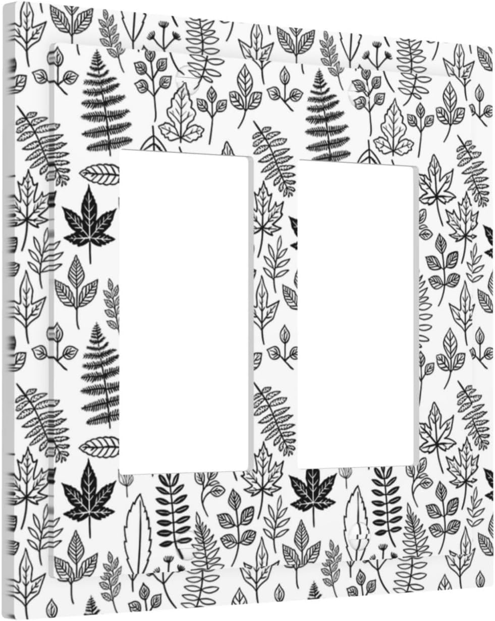 Black White Leaf Wheat Maple Leaf Plant Decorative Outlet Covers 2 Gang Double GFCI Rocker Light Switch Cover Plate Electrical Wall Panels for Bedroom Bathroom Decor