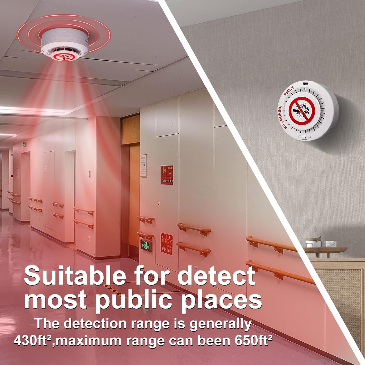2in1 Cigarette Detector with 10 Level Sensitivity, Infrared Remote Control, PM2.5 Indoor Air Quality Monitor, Ceiling Mounted Smoke Detection for Offices, Restaurants, Hospitals, Schools, Apartments