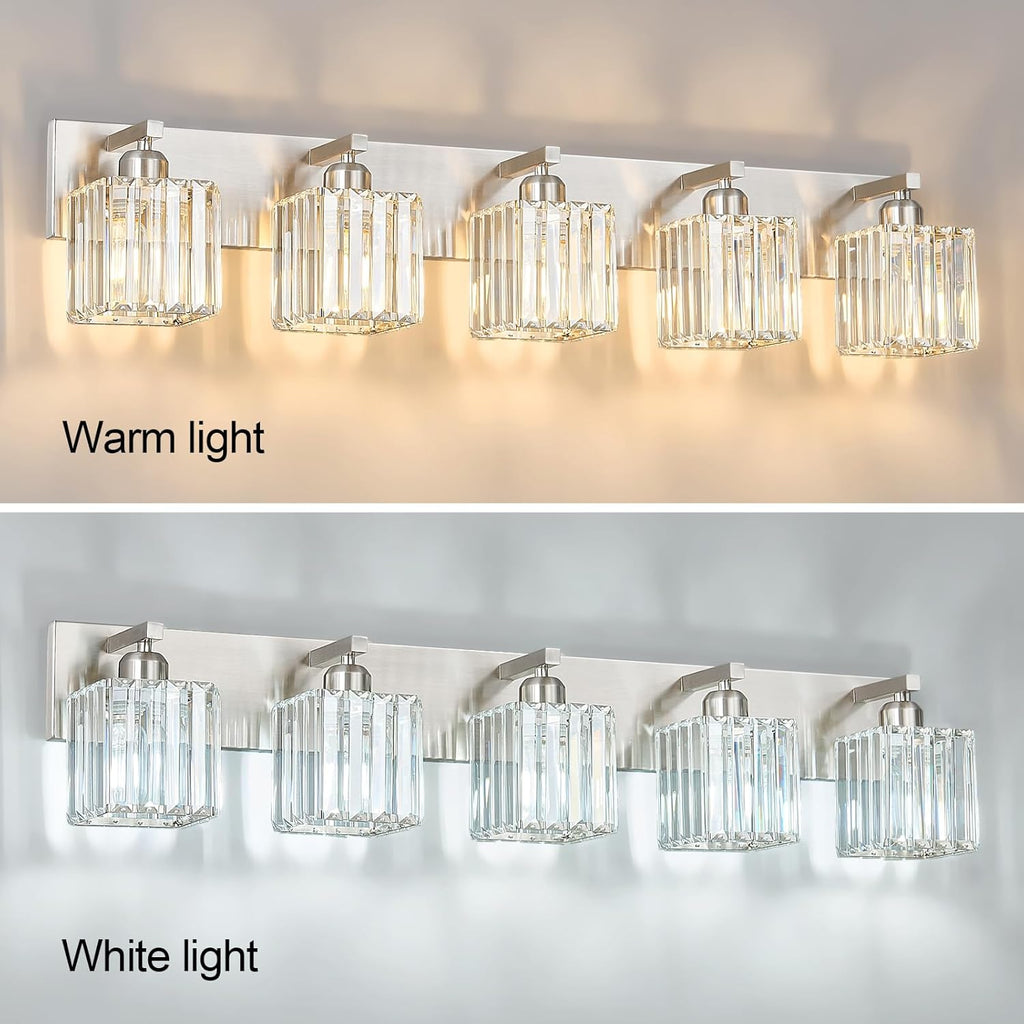 Modern Vanity Light 5-Lights Brushed Nickel Vanity Light Crystal Bathroom Wall Light Bathroom Light Fixtures