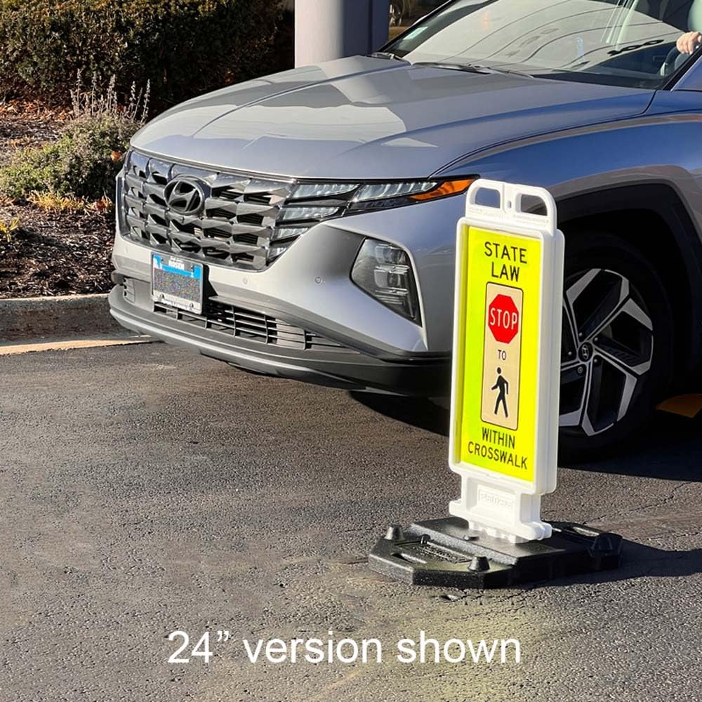 Plasticade Crosscade Crosswalk Sign, 24" Vertical Panel with 12x24 State Law Stop For Pedestrians Sign, Impact-Resistant Rubber Base, Diamond Grade Reflective Background and HIP Sheeting