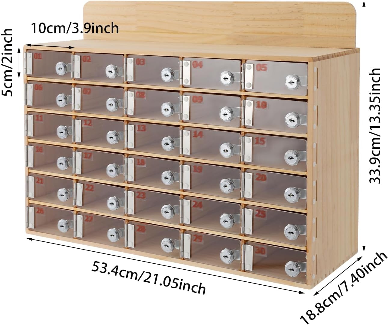 30 Slot Lockable Cell Phone Locker Box, Wall-Mounted/Freestanding Clear Acrylic & Wood Cell Phone Storage Cabinet with Door Locks and Keys for Classroom, Office, and School Employees