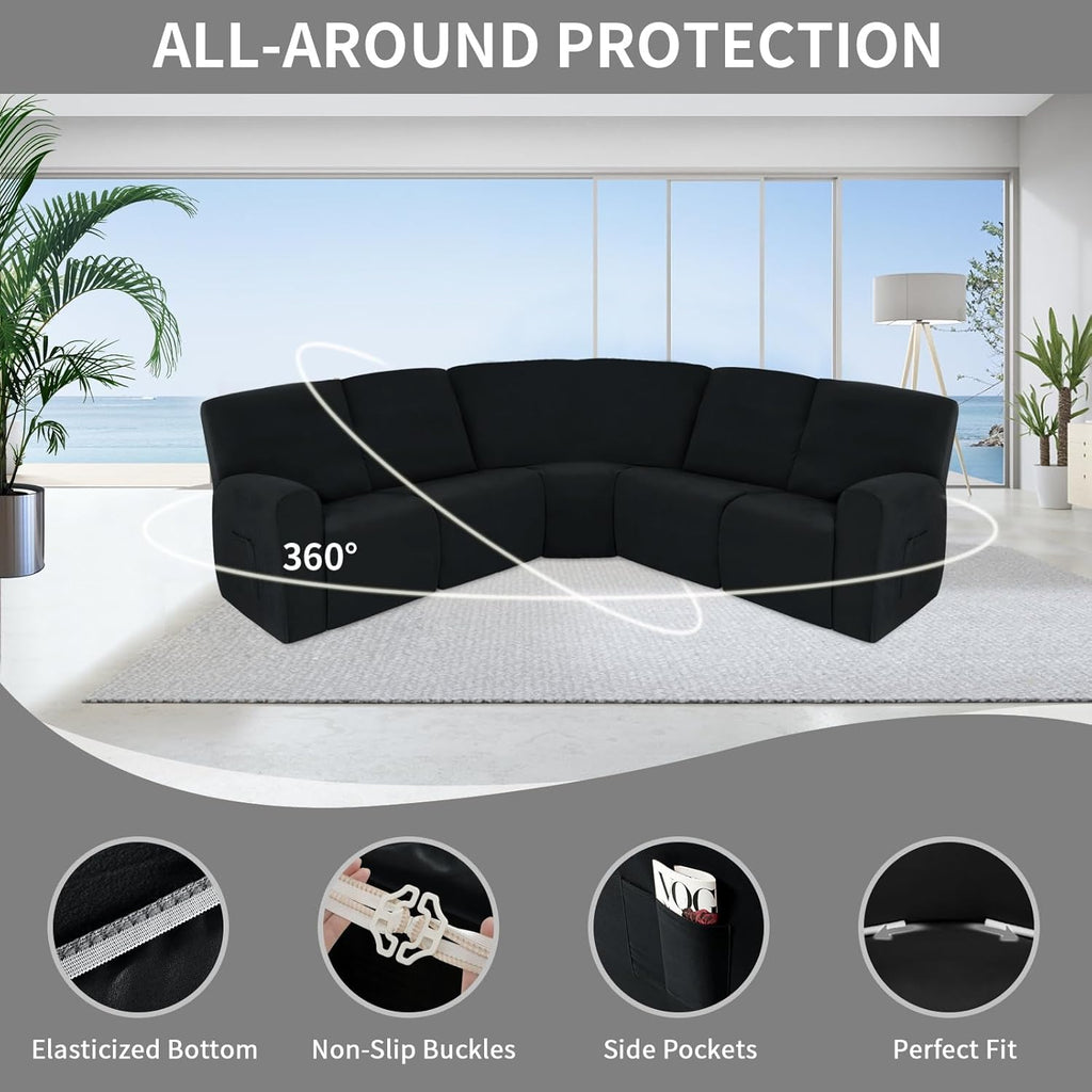 Easy-Going 100% Waterproof Recliner Cover, Stretch Couch Covers for Reclining Couches, Extra Large Sectional Sofa Slipcover, L-Shape Furniture Protector for Kids & Pets, 5 Seater, Black