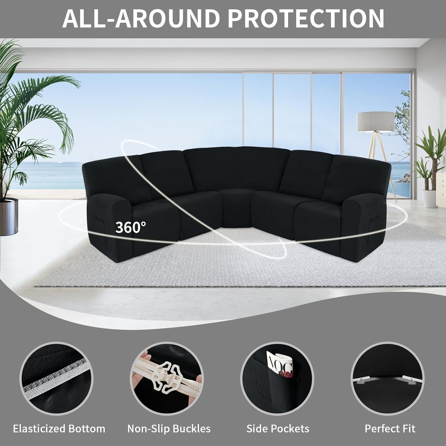 Easy-Going 100% Waterproof Recliner Cover, Stretch Couch Covers for Reclining Couches, Extra Large Sectional Sofa Slipcover, L-Shape Furniture Protector for Kids & Pets, 5 Seater, Black