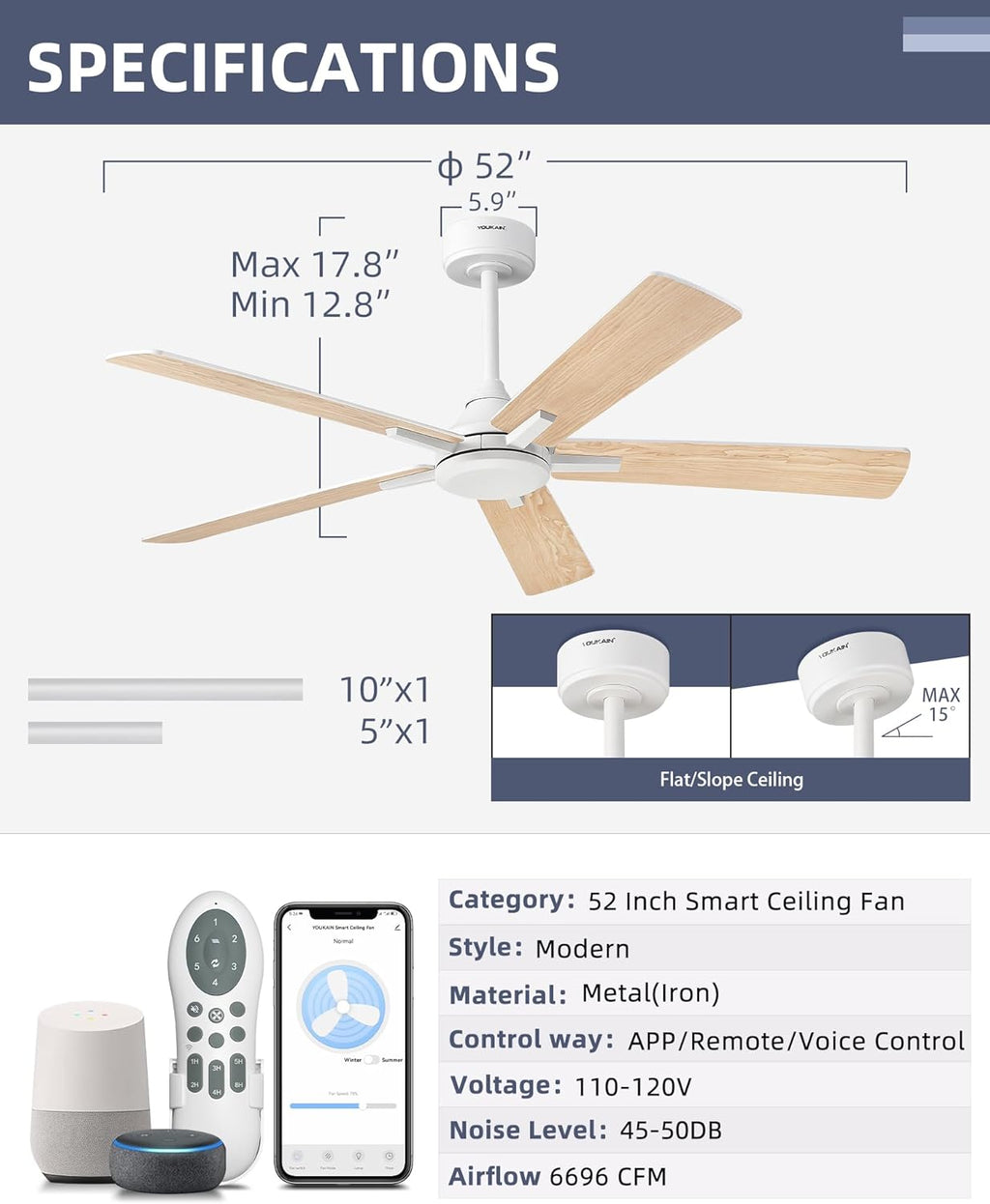YOUKAIN Ceiling Fan No Light, 52 Inch White Ceiling Fans, Smart Ceiling Fans with Remote & APP Control, Reversible Blades, Cover Outdoor Ceiling Fan for Living room, Bedroom, 52-YJ812-WH-NL