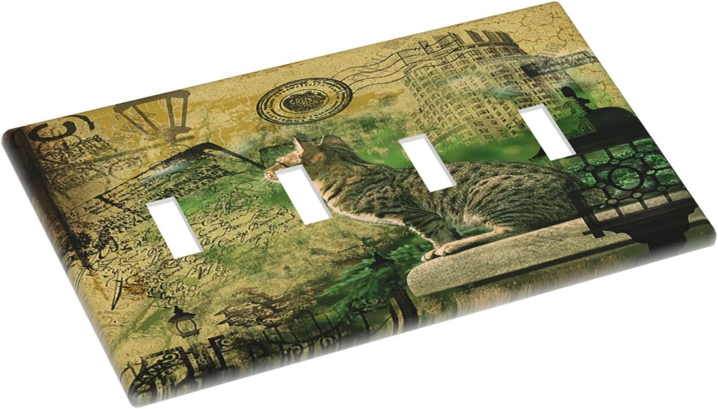 Light Switch Cover Plate Vintage Style Cat City Stamp 4 Gang Quad Toggle Wall Plate Electrical Outlet Cover Decorative Switch Plate Covers for Bedroom Home Decor
