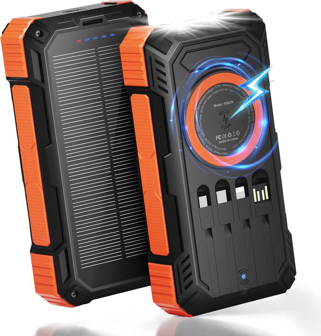 ERRBBIC Solar Charger Power Bank 49800mAh, 22.5W Portable Charger, 15W Wireless Charging, Solar Panel Charger, Built-in Four Cable, with USB C for Cell Phones, with Dual Flashlight for Camping