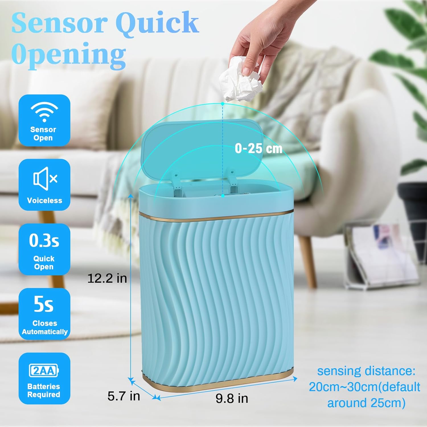 steo spce Bathroom Small Trash Can with Automatic Touchless Lid, 2.6 Gallon Smart Garbage Can Narrow Waterproof Trash Bin for Bedroom, Office, Living Room (Gold Blue)