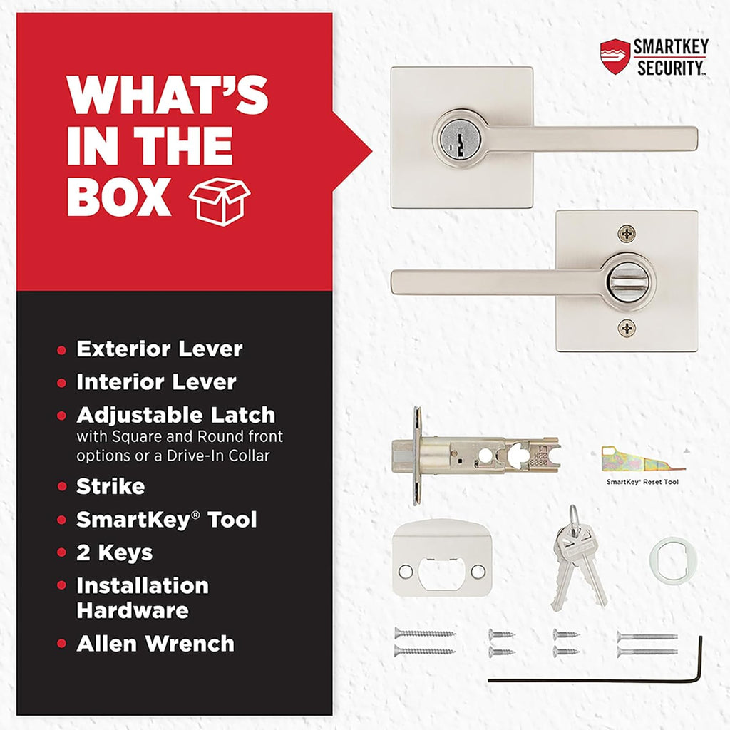 Kwikset Halifax Entry Door Handle with Lock and Key, Secure Keyed Reversible Lever Exterior, For Front Entrance and Bedrooms, Satin Nickel, Pick Resistant Smartkey Rekey Security and Microban