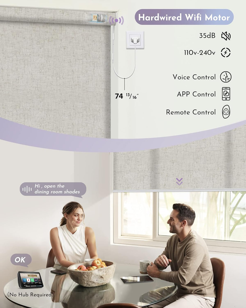 Graywind Motorized Light Filtering Shades Compatible with Alexa Google Hardwired WiFi Smart Half Shading Remote Control Automated Blinds Electric Window Shades, Custom Size (Linen Beige)