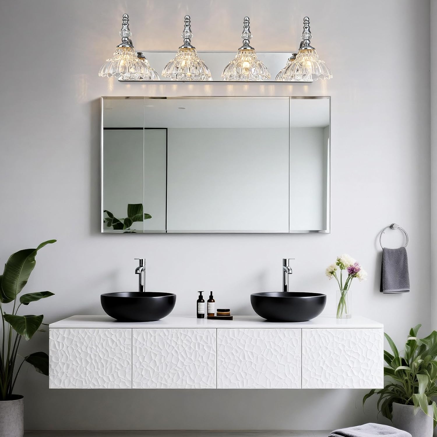 Vintage Bathroom Vanity Light, 4-Light Chrome Vanity Lighting Fixture with Flower Glass Shade, Bathroom Lighting Fixtures Over Mirror