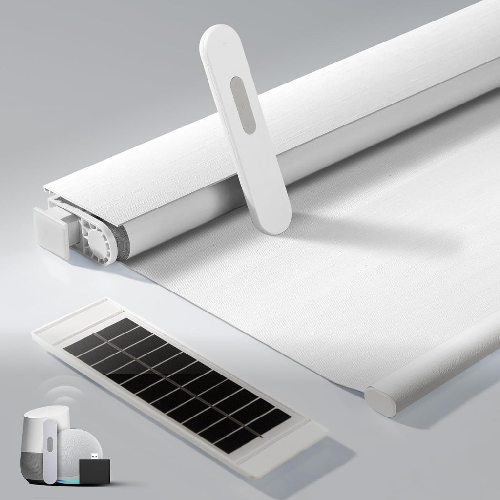 No Drill Motorized Blinds with Remote, Blackout Automatic Blinds with Solar Panel, Cordless Smart Electric Roller Shades for Windows, White, 37½ x 72