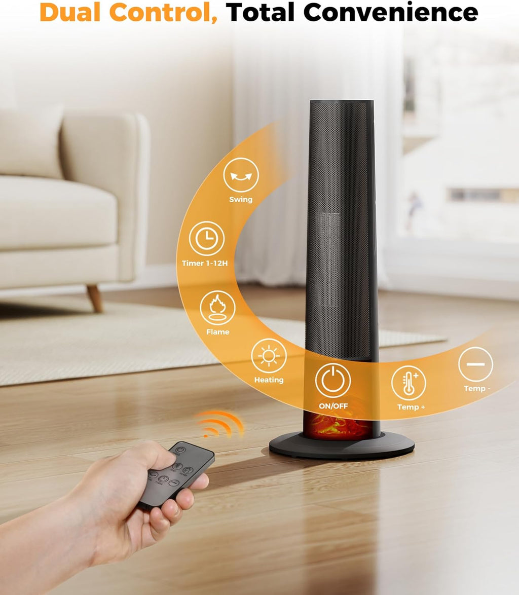 Tower Heater for Indoor Use - 25" Portable Space Heater with 3D Flame, Remote, Adjustable Thermostat, 2 Heat Modes, Multiple Safety Protection, 12H Timer, Quiet Electric Heater for Large Room