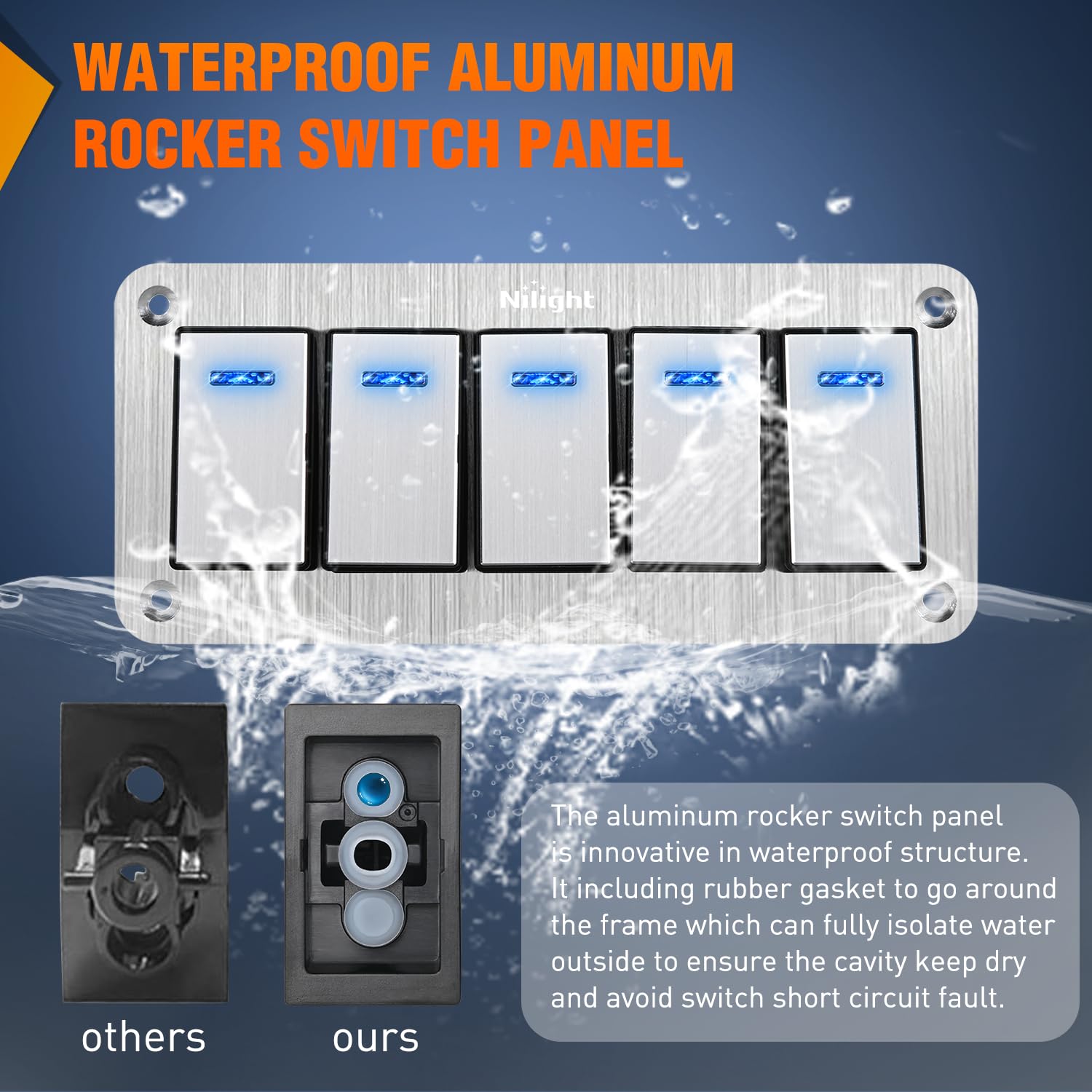 Nilight 5 Gang Rocker Switch Panel 3 Pin On Off Pre-Wired Blue LED Waterproof Aluminum with DIY Stickers for 12V 24V Automotive Cars Marine Boats UTV Truck Jeeps