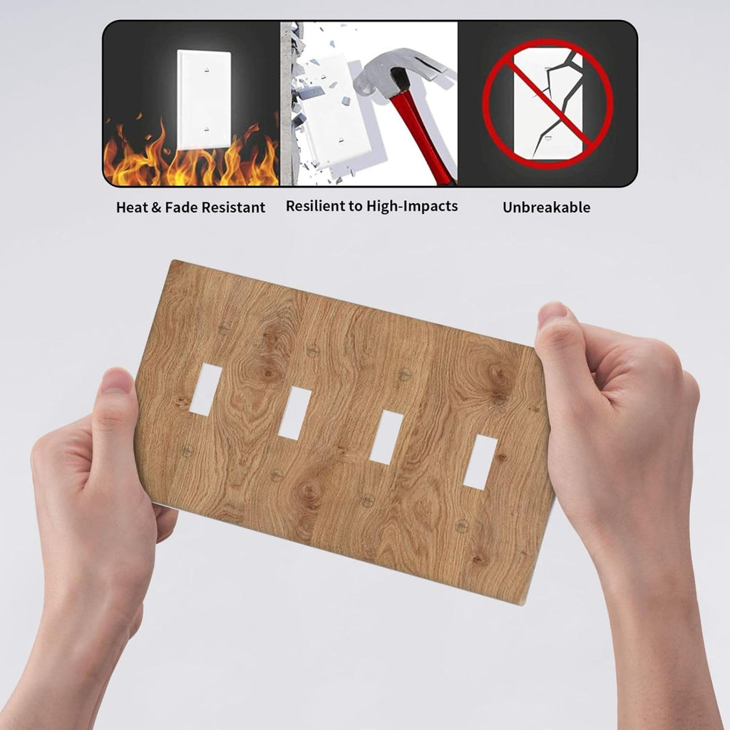 Light Switch Covers Vintage Rustic Wood Color Brown Wood Grain Quad Toggle 4 Gang Wall Plate Electrical Faceplate Decorative Switch Plates for Farmhouse Cabin Decor