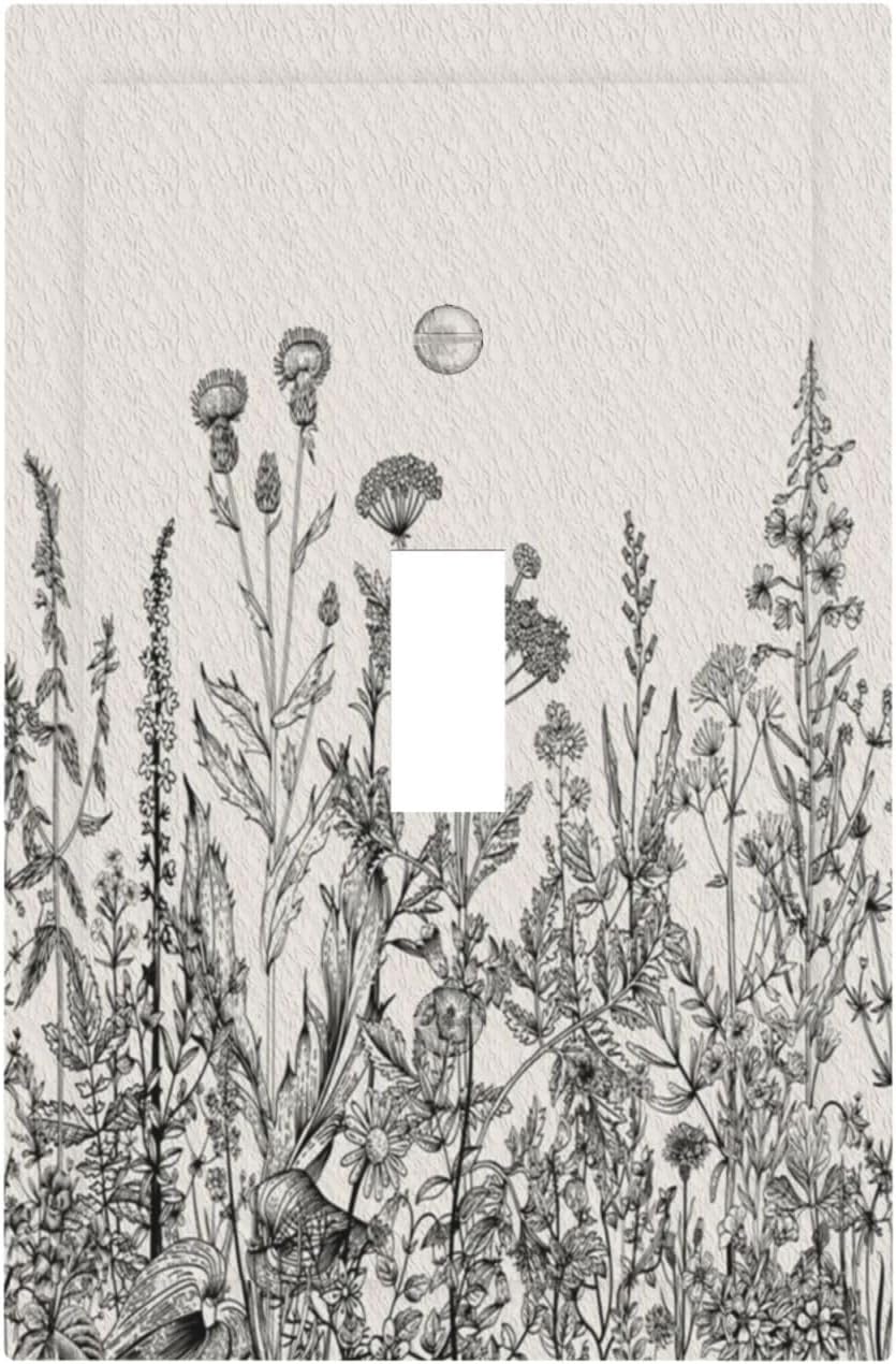 Decorative Light Switch Cover Black and Beige Garden Plants Flowers Single Toggle Personalized Wall Plate Switchplate 1 Gang Switchcover Decora Light Switch Plate for Home Office Decor