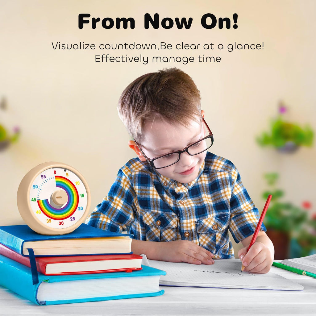 Visual Timer for Kids, 60-Minute Countdown Timer for Classroom Office Kitchen, Desk Timer Kids Time Management Tools with Silent Operation, Pomodoro Time Rainbow Pattern(Khaki)