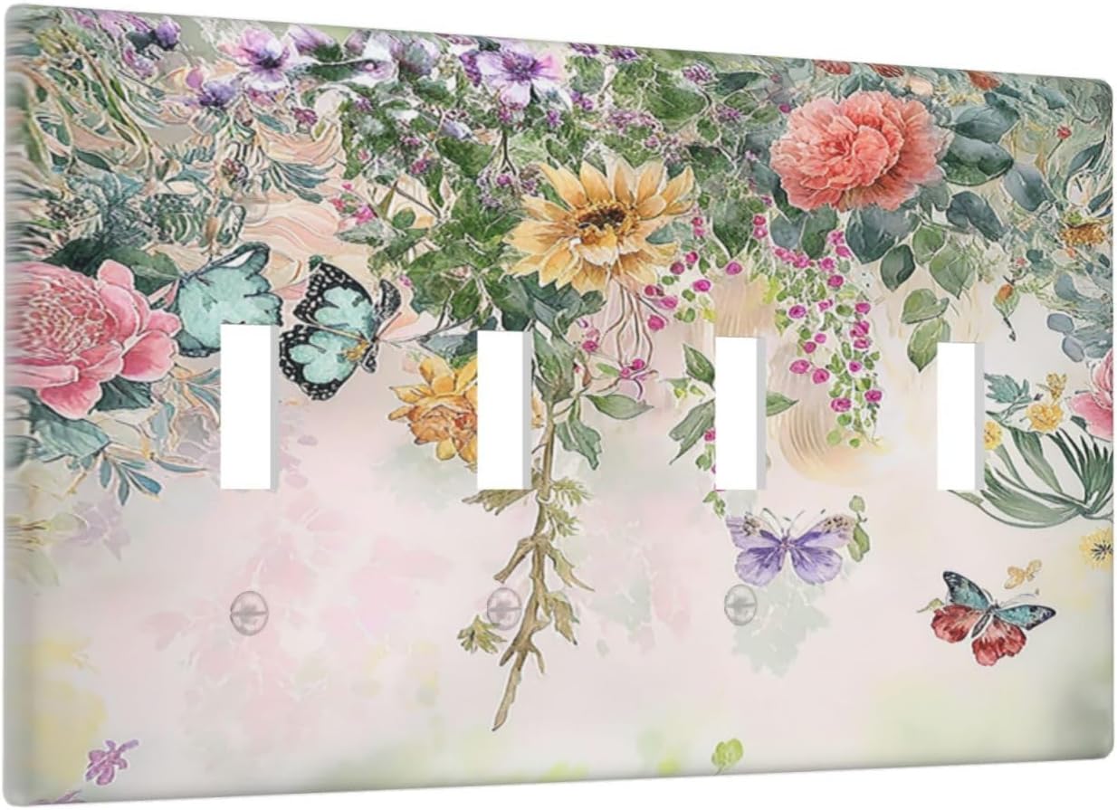 Light Switch Cover Plate Rustic Floral Watercolor Flower Blossom Butterfly Quad Toggle Wall Plates Decorative Switch Plates 4 Gang Outlet Covers Electrical Panel Cover Faceplate for Home 4.5 X 8 IN