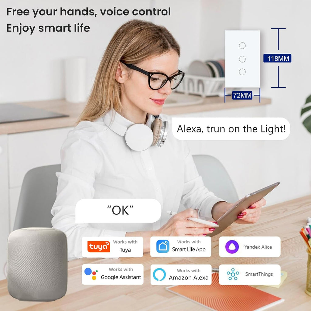 WiFi Smart Light Switch 118X72X34MM Need Neutral Wire,2.4GHz Wi-Fi Touch Switch,Work with Smart Life/Tuya App, Compatible with Alexa and Google Home, White 3 Gang