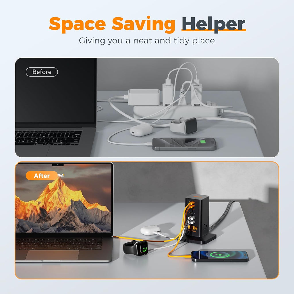 Charging Station PD 100W, TESSAN 9-in-1 USB C Power Strip for iPhone 17/16/15, MacBook, Tablet, Desktop Phone Fast Charger with 3 AC, 3 USB-A Ports, Home Drom Office Accessories