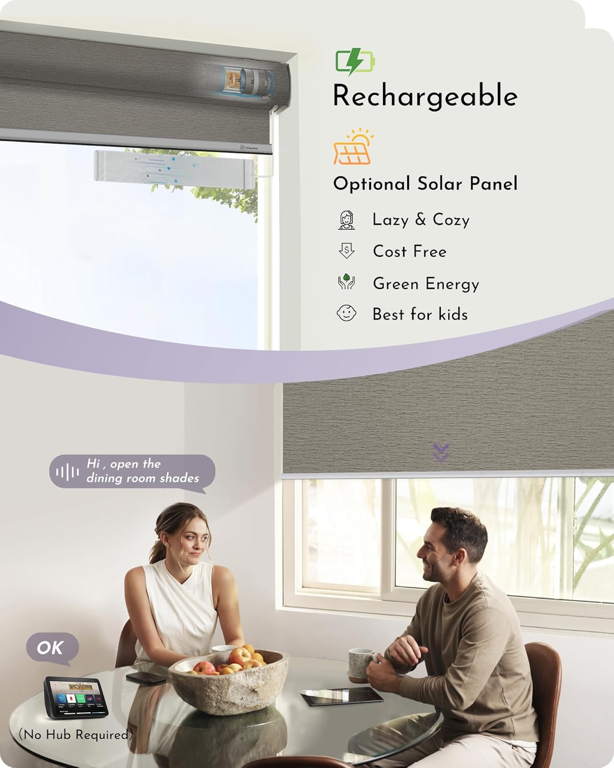 Graywind Smart Blackout Roller Shades Work with Alexa Google Textured Fabric Rechargeable Motorized Blinds Cordless Remote Control Window Shades, Custom Size (Frequency Sand)