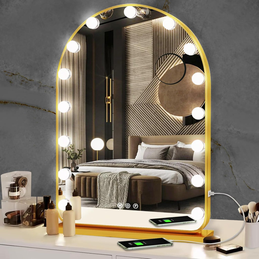 THEKLA Gold Arch Hollywood Vanity Mirror with Lights for Makeup Desk Table Wall Detachable Base Stand X10 Magnifying Dimmable 3 Color Lights 15 Bulbs Gold Arch Hollywood Lighted Vanity Makeup Mirror