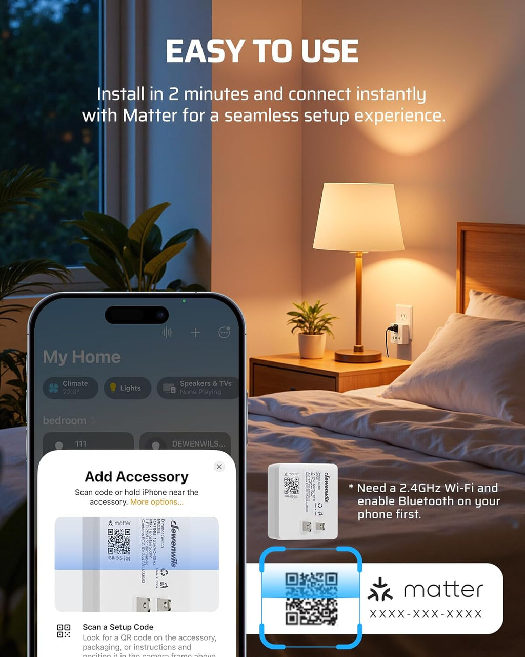 DEWENWILS Matter Plug in Dimmer Switch for Lamp, Works with Alexa, Compatible with Google Home & SmartThings APP Voice Wireless Dimmer Button Control, Dimmable LED/Tungsten Bulbs, 2.4G Wi-Fi, White