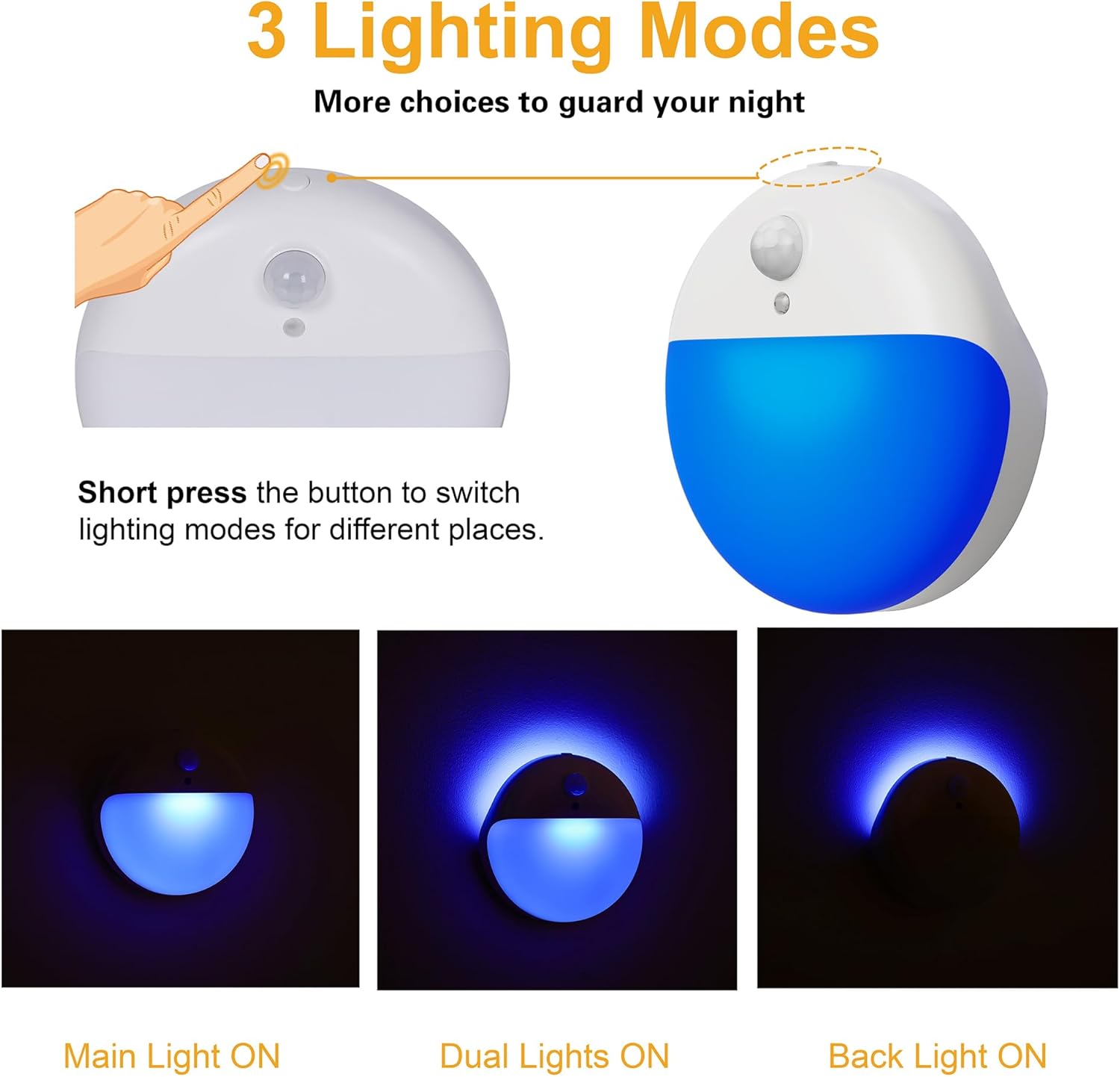 2 Pack Blue Battery Night Light, Motion Activated Stick on Lights, 2.6" Small Travel Night Light, 3 Light Modes, Very Dim, Dimmable Battery Operated Lights for Toilet, Bathroom, Kids, Game Room